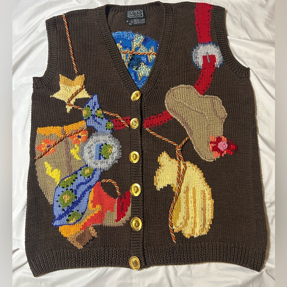 Vtg 90s Berek Marta D Sweater Vest M Wearable Art Hand Knit Western Cowgirl